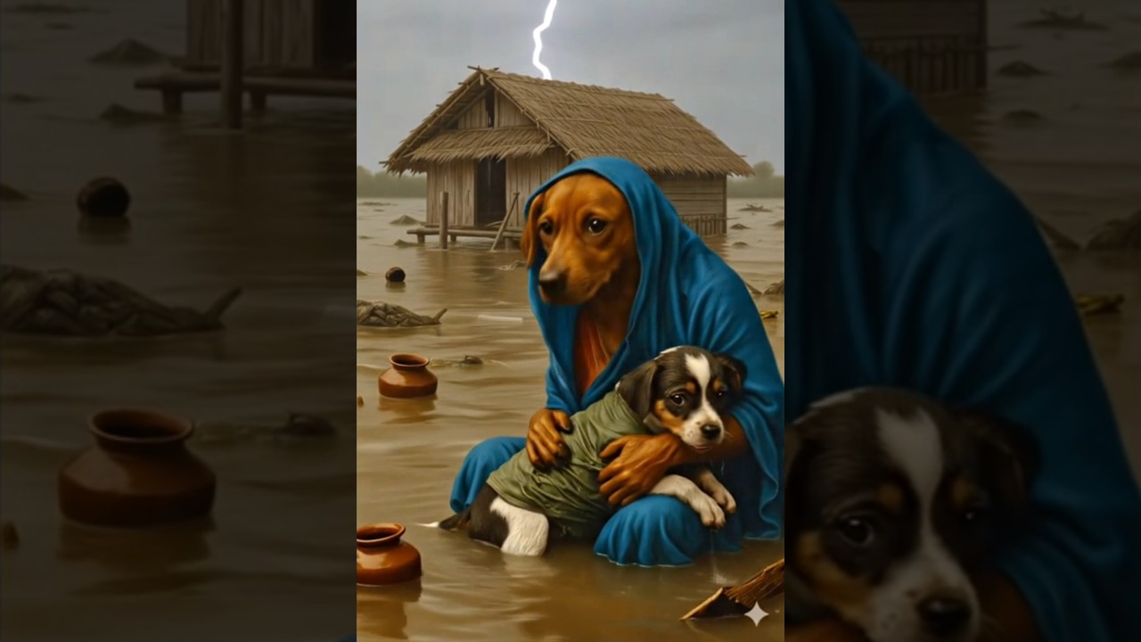 A Helpless Dog Mother Saving Her Puppy from the Flood | Emotional Scene in Rain