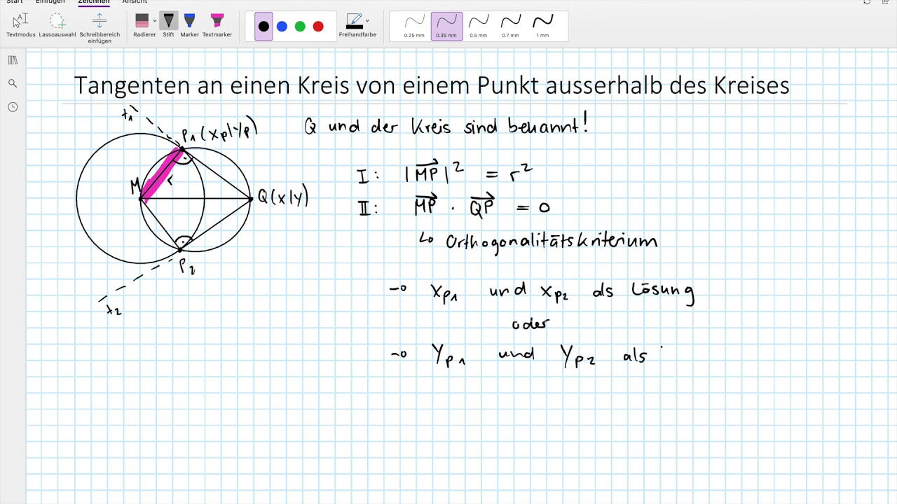 Tangente an einen Kreis von einem Punkt ausserhalb des Kreises