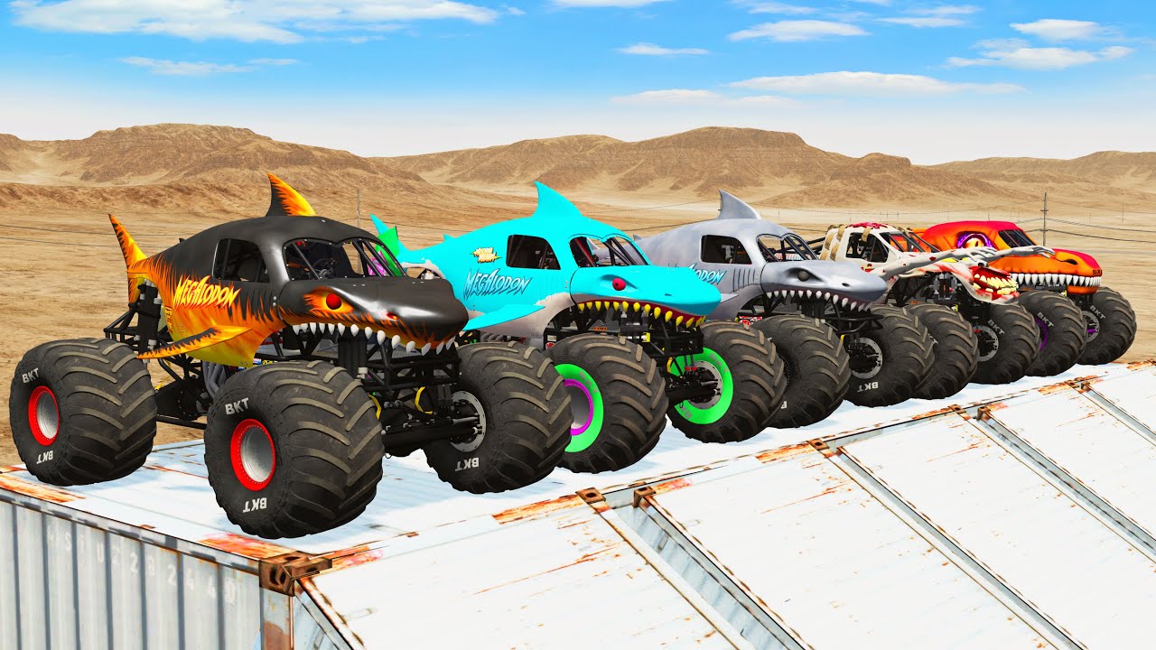 Big Monster Trucks Transport Triple Flatbed with Color Slide#