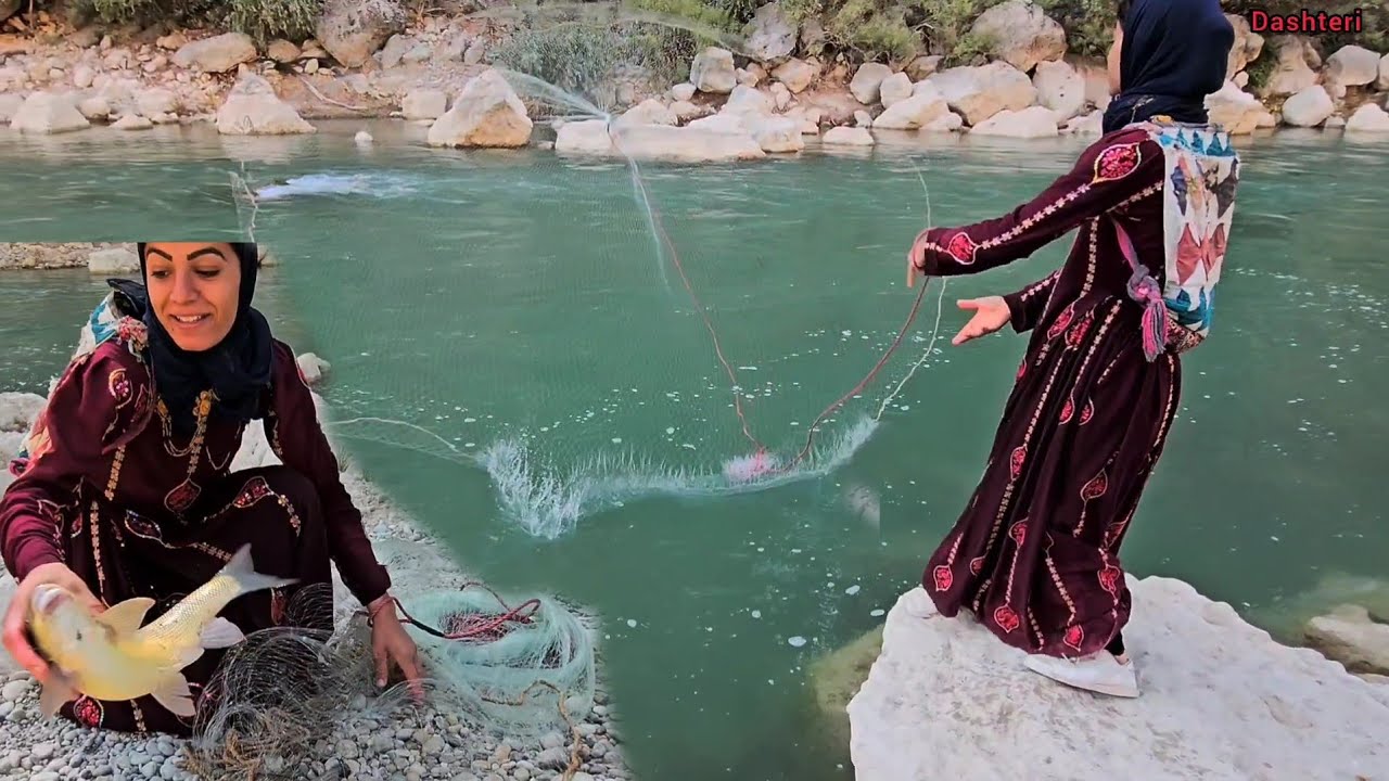 A good day, Layla in the middle of the river, Layla casting a net and big fish.