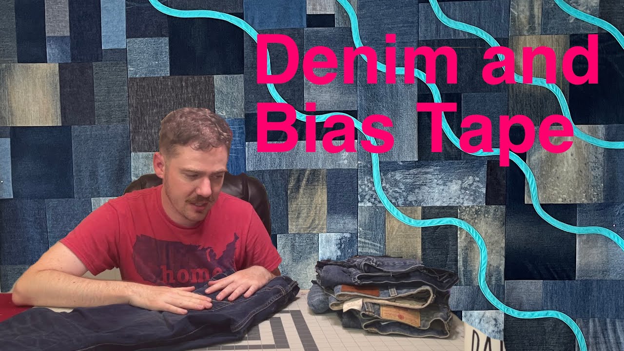 Denim Quilt with Bias Tape Accents: Quilt made from Jeans and Embellished with Bias Tape