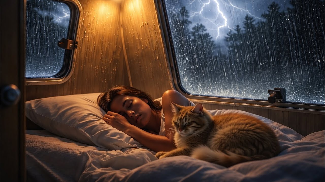Sleeping in a Cozy Caravan During Heavy Rainstorm ⛈️🚐 Rain Sounds for Deep Sleep | Camping ASMR 4K