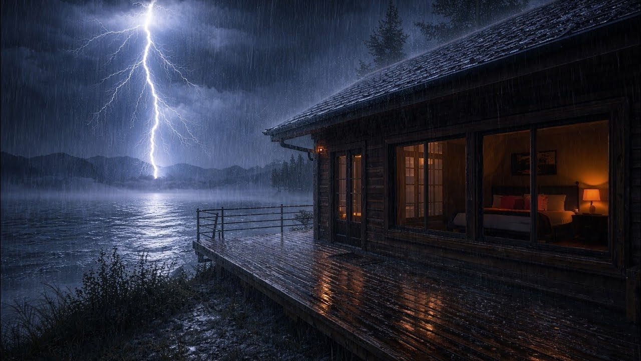 Rainy Night in a Cozy Wooden Cabin – Calm Lake Ambience