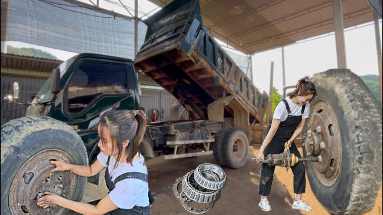 Replace engine oil, repair door handles,cleaning 2 front wheels for trucks by mechanic girl