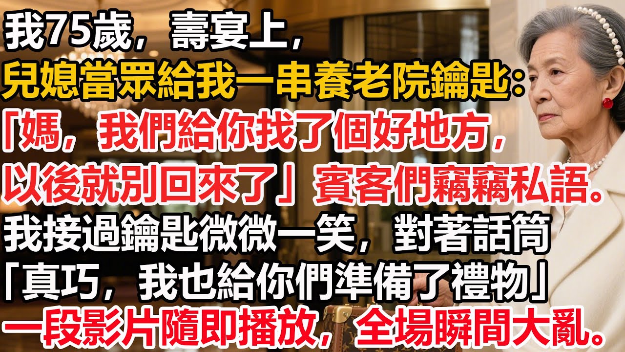 【我75歲】壽宴上，兒媳當眾給我一串養老院鑰匙：「媽，我們給你找了個好地方，以後就別回來了」賓客們竊竊私語。我接過鑰匙微微一笑，對著話筒：「真巧，我也給你們準備了禮物」一段影片隨即播放，全場瞬間大亂。