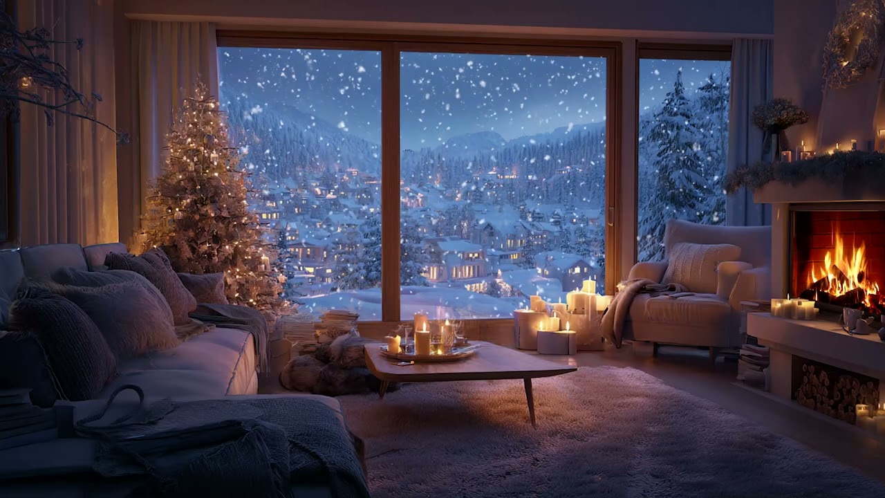 Peaceful Snowy Night Atmosphere | Fireplace Background for Sleep