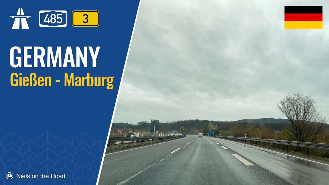 Driving in Germany: Autobahn A485 & B3 from Gießen to Marburg