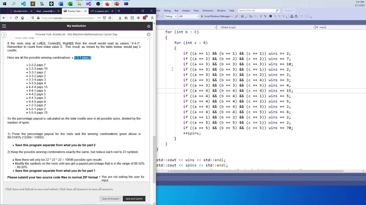 C++ Vector Example - Slot Machine Mathematician Career Day - Activity 05