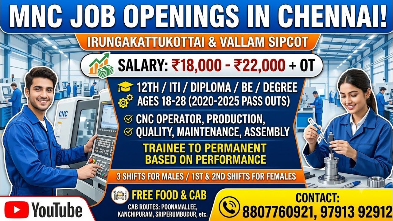 MNC Job Openings in Chennai 2026 | 12th, ITI, Diploma, BE/BTech | Salary up to ₹22,000 + OT#2026jobs