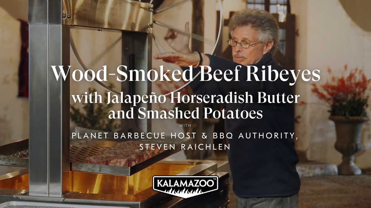 Steven Raichlen's Wood-Smoked Beef Ribeyes with Jalapeño Horseradish Butter and Smashed Potatoes