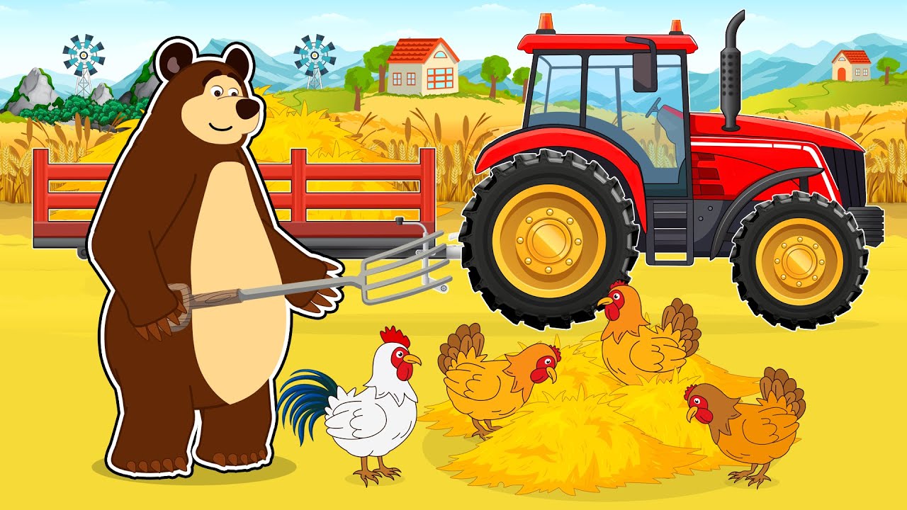 The bear farm cartoon : Hardworking Farmer drive a Tractor bring Straw to feed the Cows