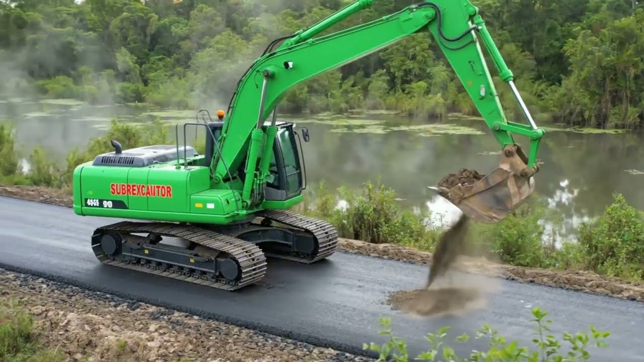 Green Excavator Builds Road for Villagers to Safely Cross the Swamp