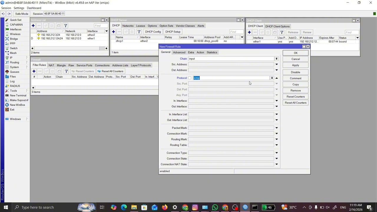 belajar firewall NAT, chain input, output , dan ARP bersama elmii