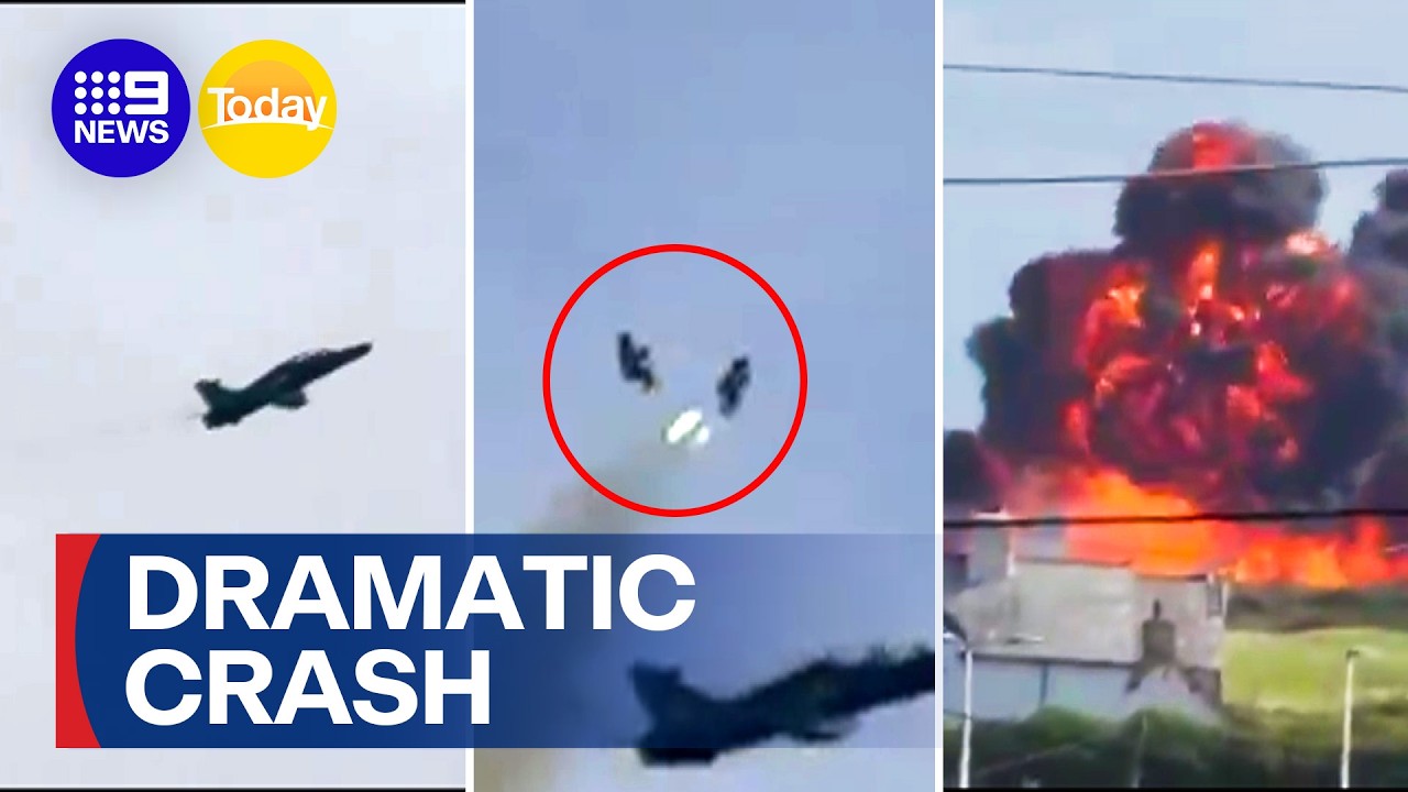 Incredible escape after RAF jet dramatically bursts into flames | 9 News Australia