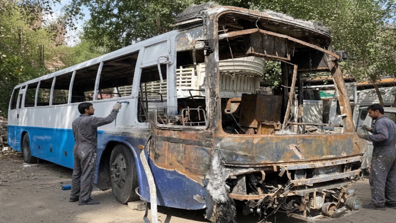Passenger Bus Completely Burnt Due to Dangerous Accident /Complete video of Repairing burnt Hino Bus