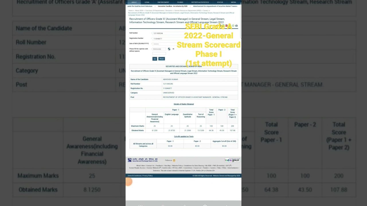 SEBI Grade A 2022 Scorecard Phase I - General Stream  #sebi #sebigradea2023 #sebigradea #rbigradeb