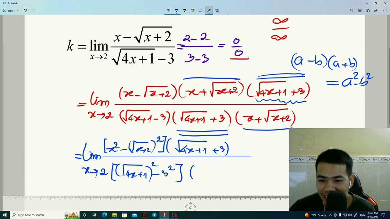 គណនាលីមីតនៃអនុគមន៍ K = limit x to 2 of (x-sqrtx+2)/sqrt4x+1 -3)