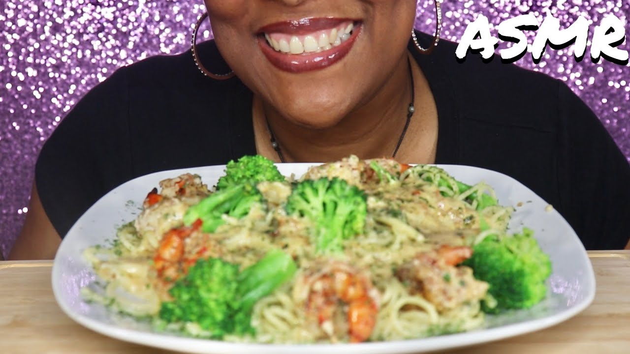 ASMR: HOMEMADE ALFREDO SAUCE WITH SPAGHETTI TIGER SHRIMP & BROCCOLI (NO TALKING) REAL EATING SOUNDS
