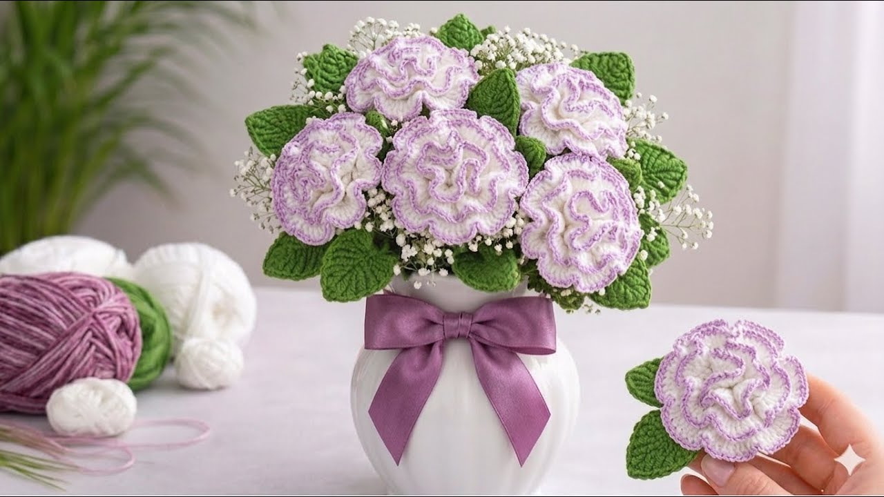 كروشيه زهرة القرنفل  وكيفة تلوتن الحواف بأحترافية الفن  Crochet Carnation Flower Easy Tutorial#ترند 
