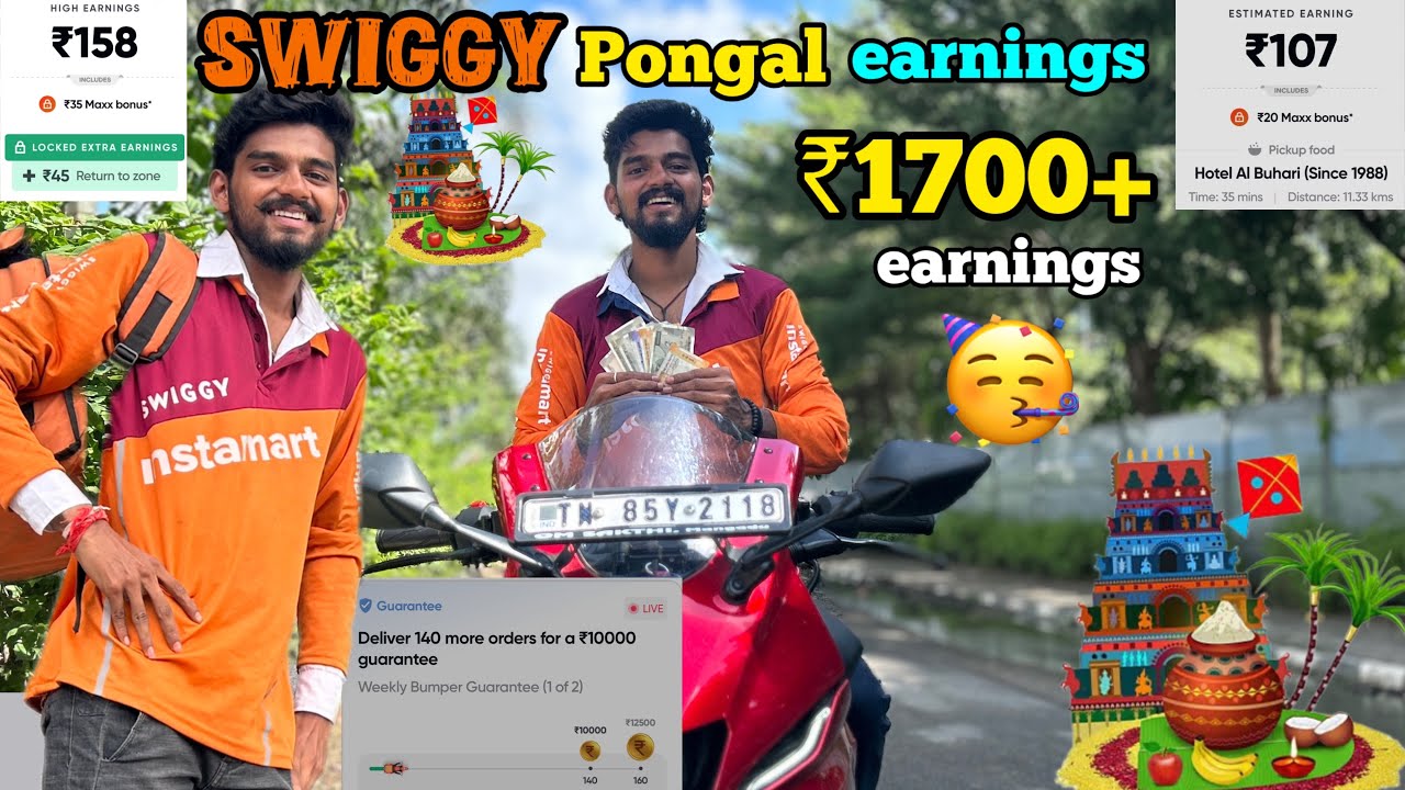 🤑Swiggy Pongal earnings ₹1700+🥳how many hours work??🥵