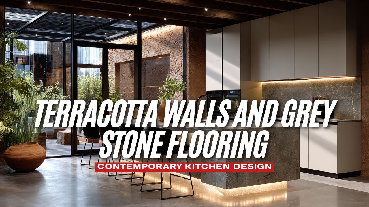 Contemporary Kitchen Design Ideas with Terracotta Walls and Grey Stone Flooring