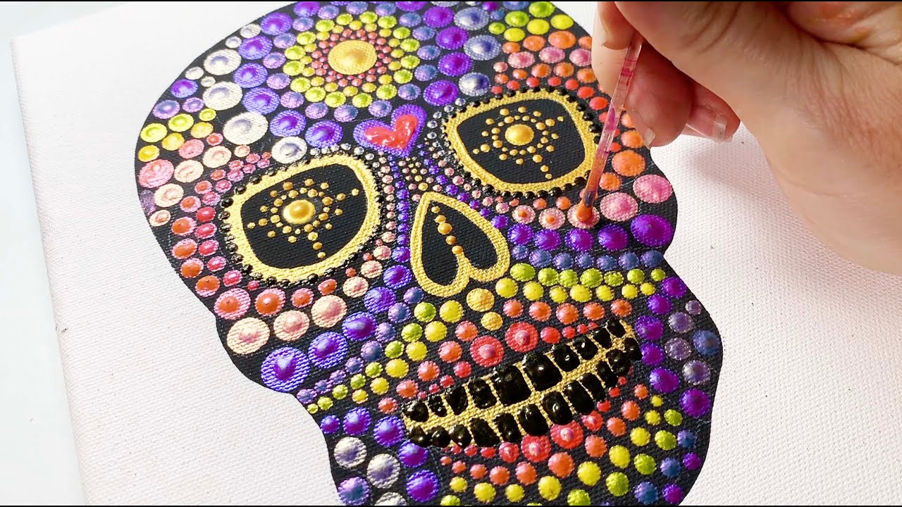 RAINBOW SKULL TUTORIAL - How to paint a dot mandala rainbow skull step by step tutorial