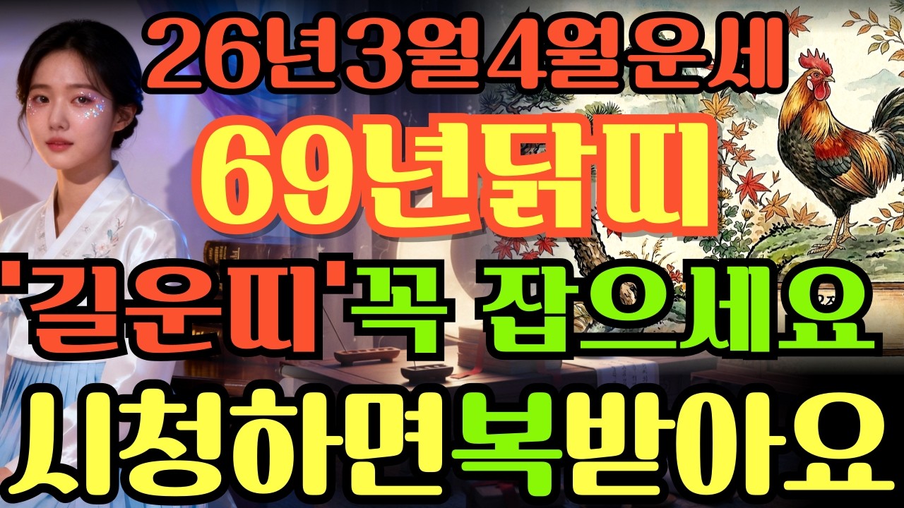 [69년닭띠26년3월,4월운세]시청하면복이오는1969년기유생닭띠26년3월,4월운세