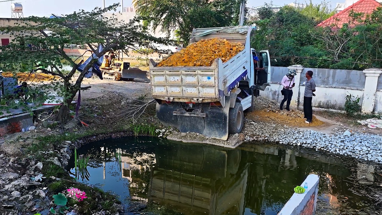 Amazing Nice Land Filling Skill Full Task Project !! Bulldozer Talent Push stone & Dump Truck Unload