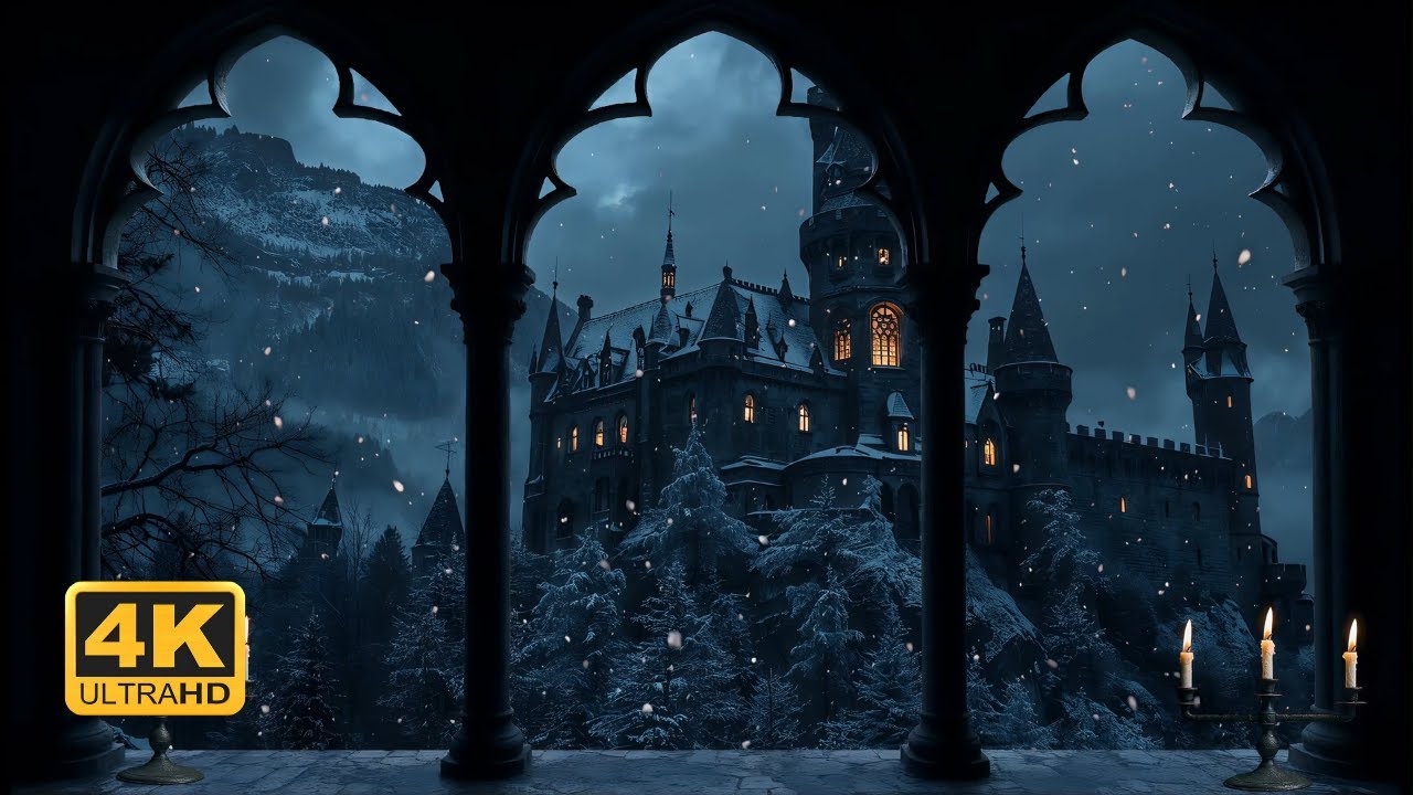 Snowy Medieval Castle Window View – Wind, Snow and Candlelight Ambience 4K For Study and Relaxation