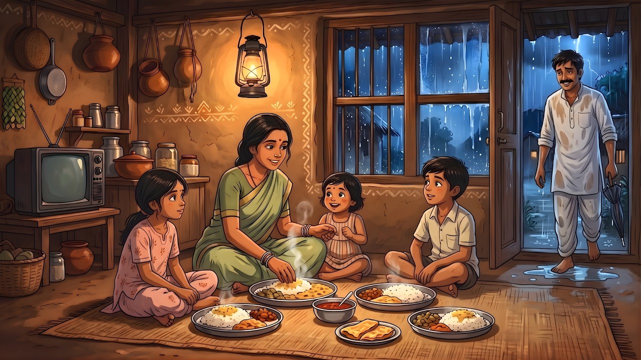 Rainy Night in 90s Village 🌧️ Baba Still Not Home, Maa Cooking Dal Chawal, Kids Waiting | Cozy Story