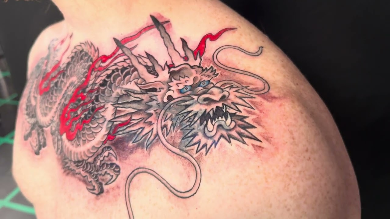 Japanese Dragon Chest coverup tattoo by Denny