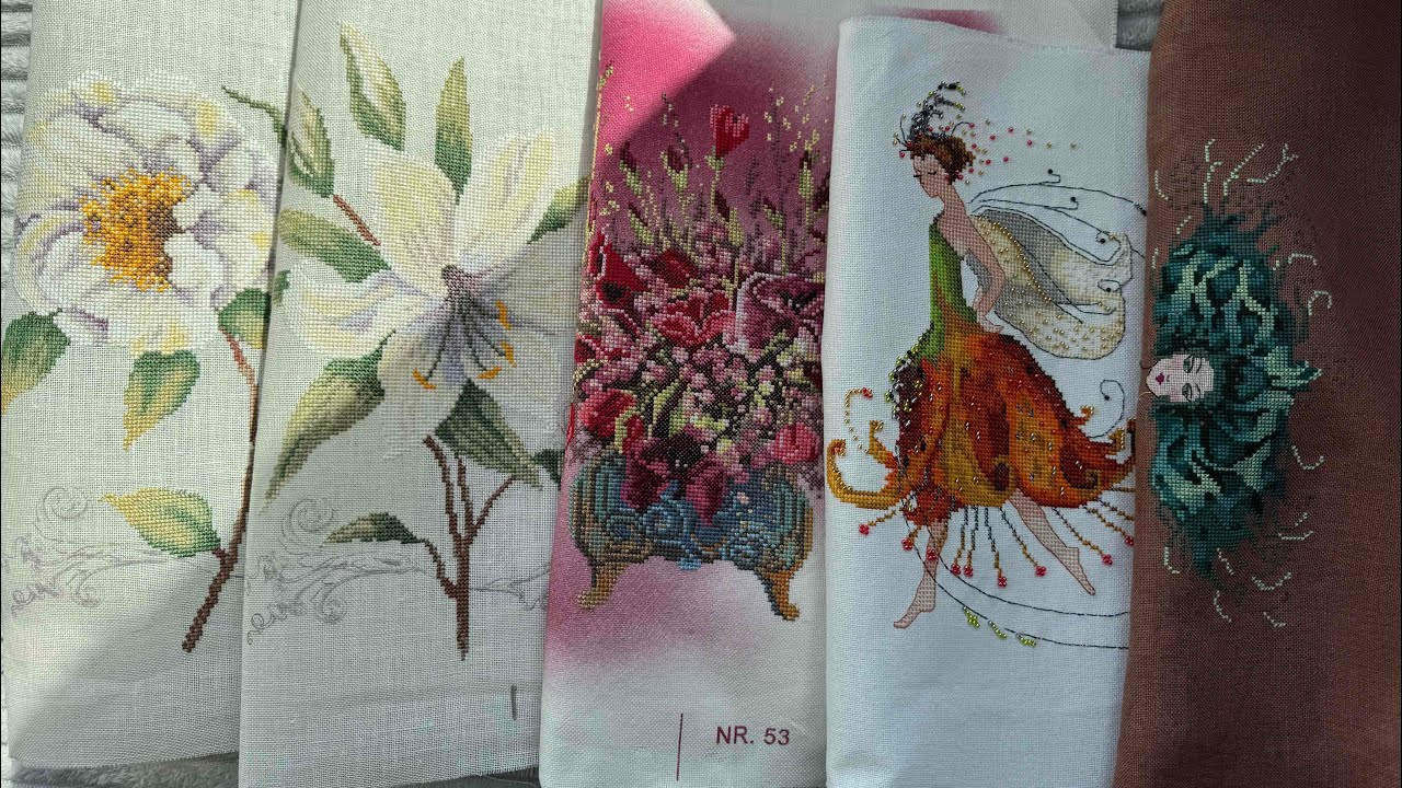 5 finishes Lanarte, Mill Hill, Nora Corbett and new start Mirabilia Madam Mermaid, WIPs Dimensions