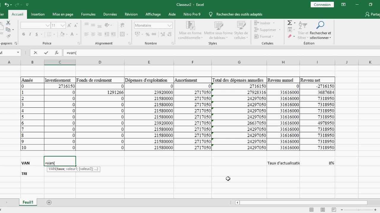 Comment calculer la VAN (NPV) et le TRI (IRR) avec Excel (2016) ?