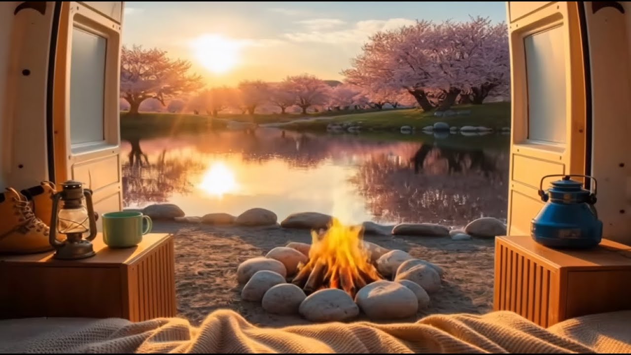 4K Camp Fire 🔥View Of Cherry Blossom 🌸 Calm Waters Sunny Day ☀️ Meditation Noise ASMR