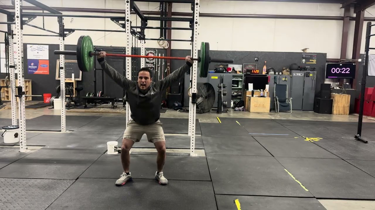 EMOM8 5 Jump Squats, 1 Power Snatch, 1 Overhead Squat 125lbs