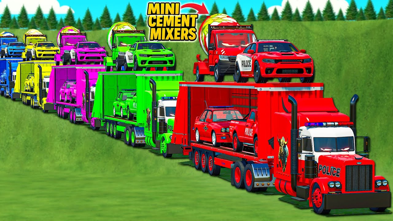 TRANSPORTING POLICE, MINI CEMENT MIXERS, COPS PICKUPS & DODGE HELLCAT WITH POLICE TRUCKS! FS 25