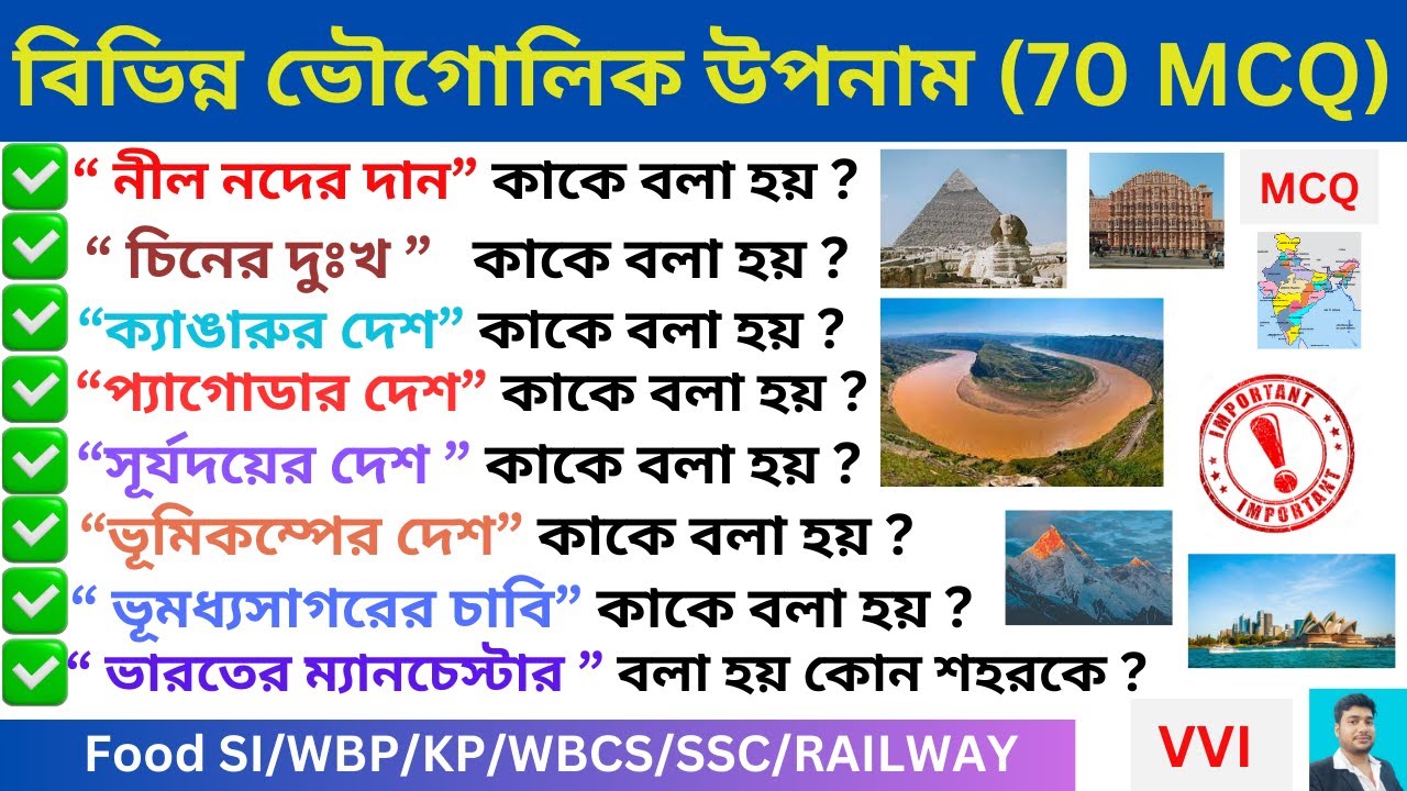 বিভিন্ন  ভৌগোলিক উপনাম ( 70 MCQ ) II Nicknames Of Geographical cities & Country GK MCQ