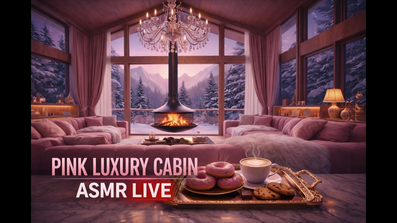 🔴 LIVE Pink Luxury Cabin Fireplace ❄️ Cozy ASMR Ambience | Relaxing Snow Window & Coffee Sounds