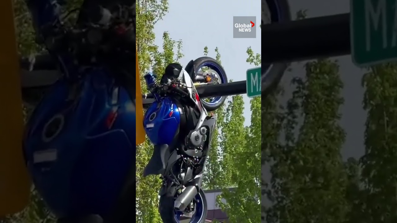 Motorcycle seen hanging from traffic light after crash south of Vancouver 🚦