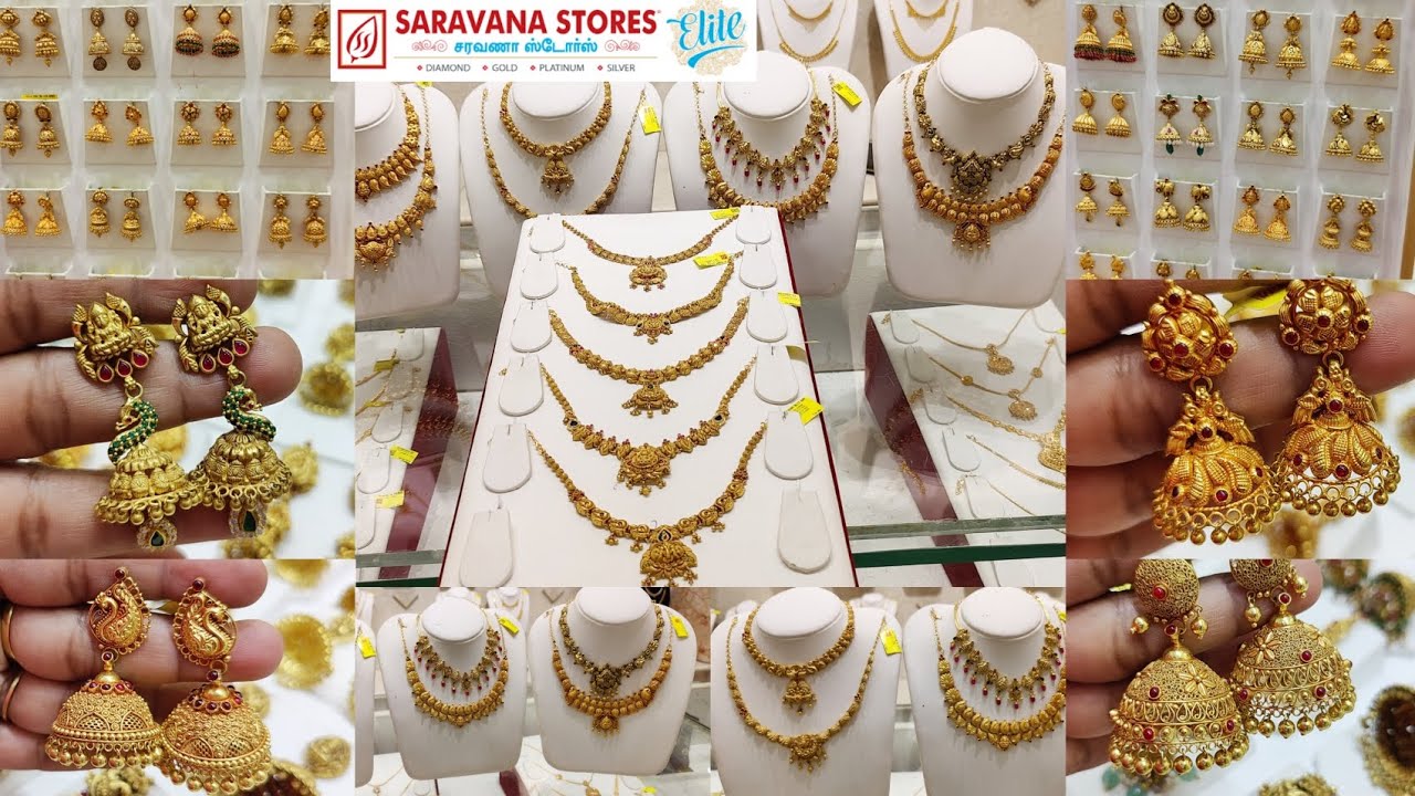 Saravana Elite Light Weight Antique Necklace & Jimikkis 1 Savaran Onwards Latest Gold Jewellery