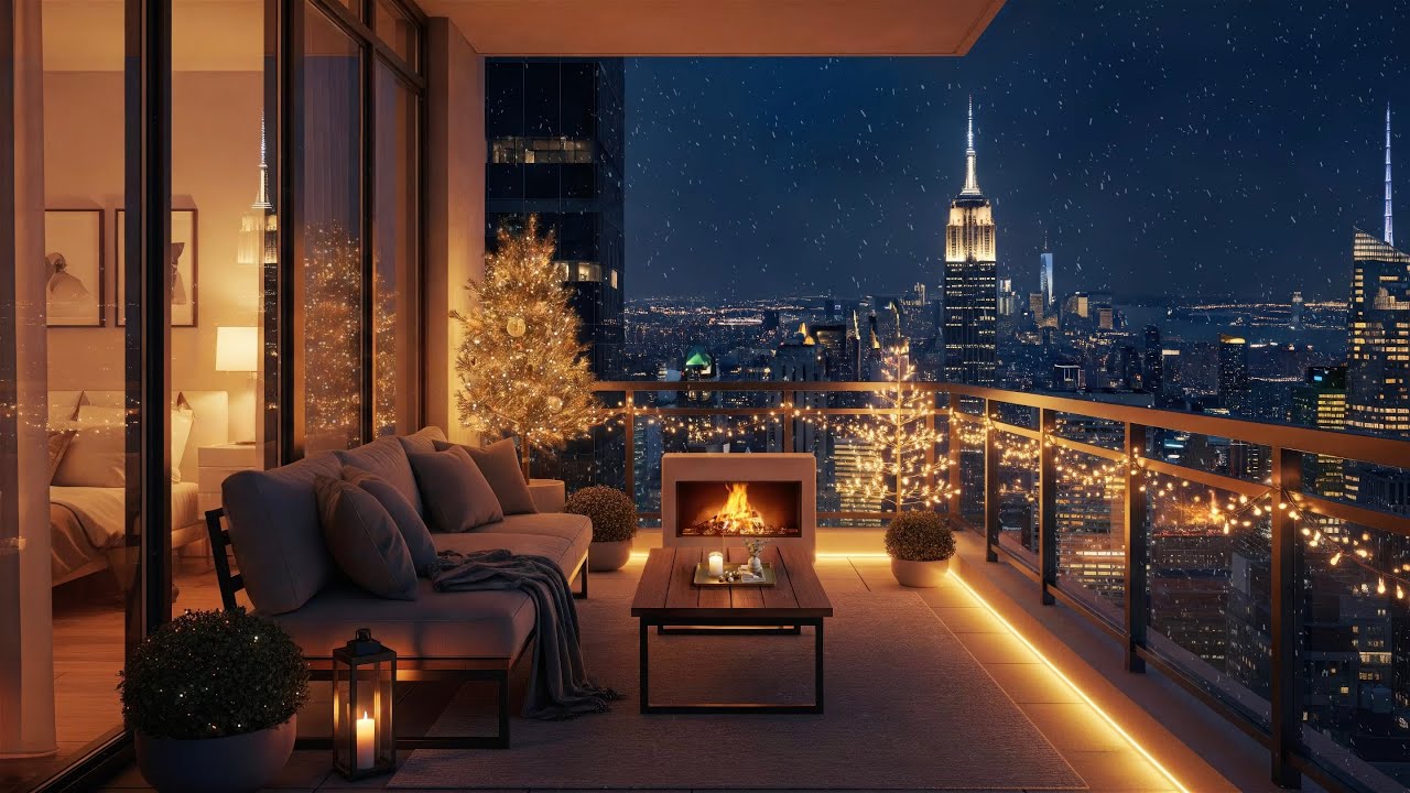 Winter Snowy Night: New York City Balcony Ambience for a Cozy Sleep