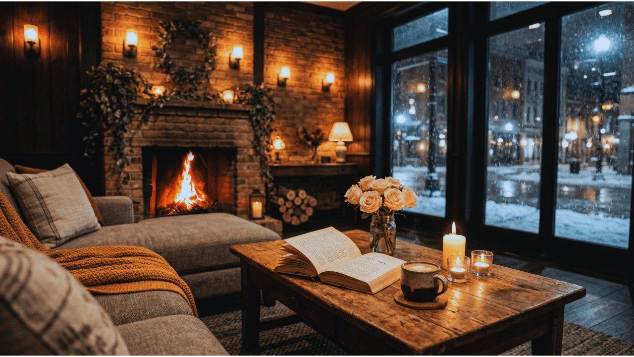 Peaceful Escape – Cozy Ambience – Living Room – Find Your Calm with Snow & Piano