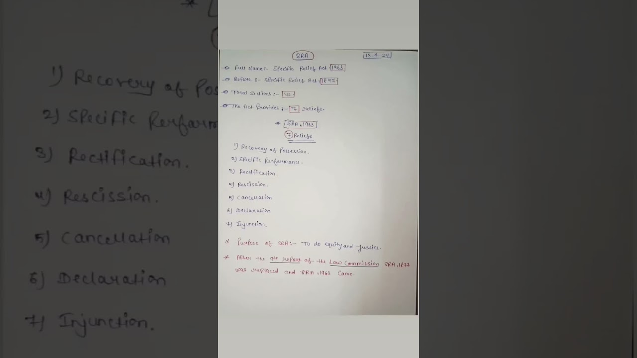 #SRA#LAW#sections#short notes#entrance#llm#target#kuk