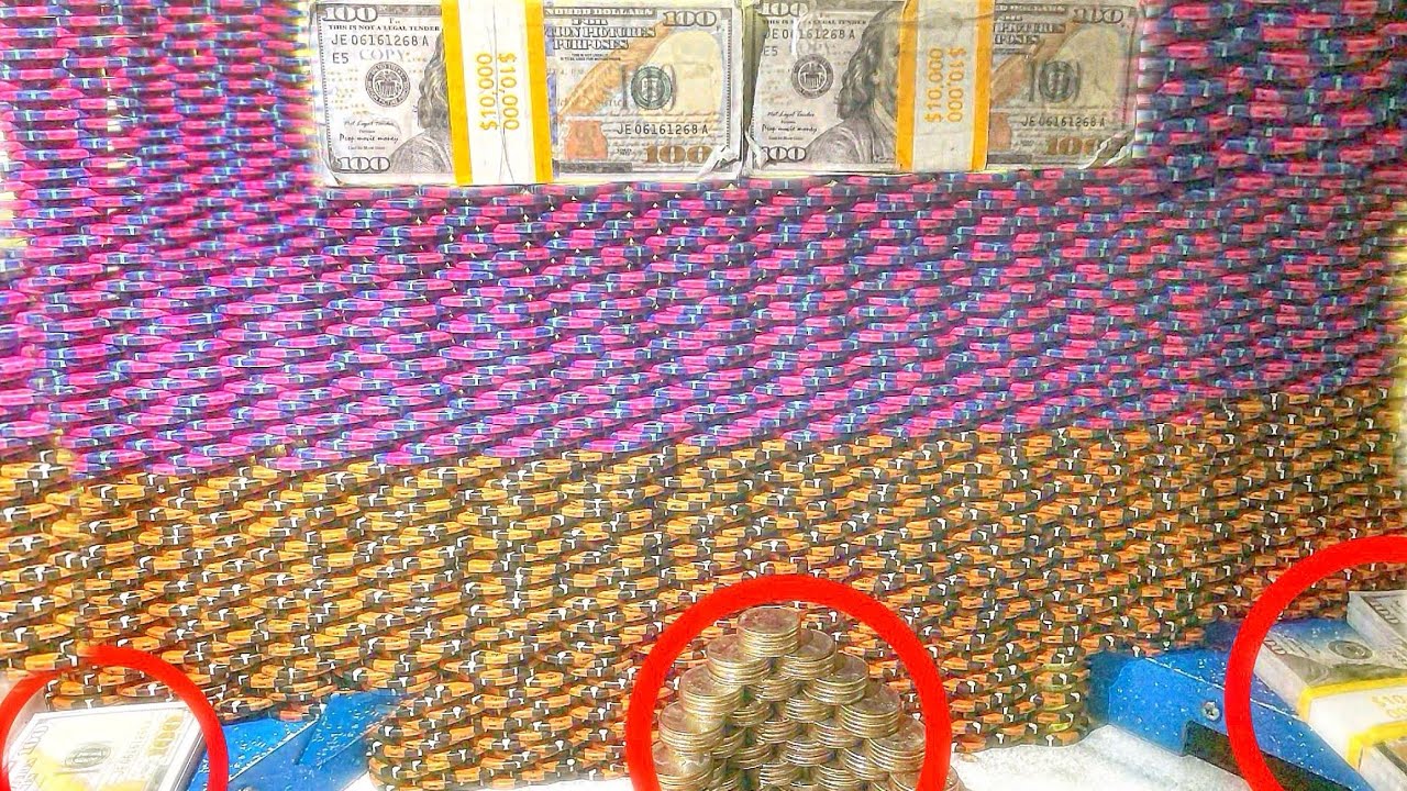 ENORMOUS POKER CHIP WALL CRASHES DOWN! HIGH LIMIT COIN PUSHER MEGA MONEY CASINO JACKPOT! (MUST SEE)