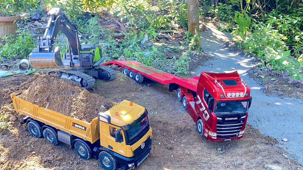 Kompilasi Aksi Dump Truk RC Huina 1536 Full Muatan Lewat Jalur Extreme , Excavator Besar Huina 1593 