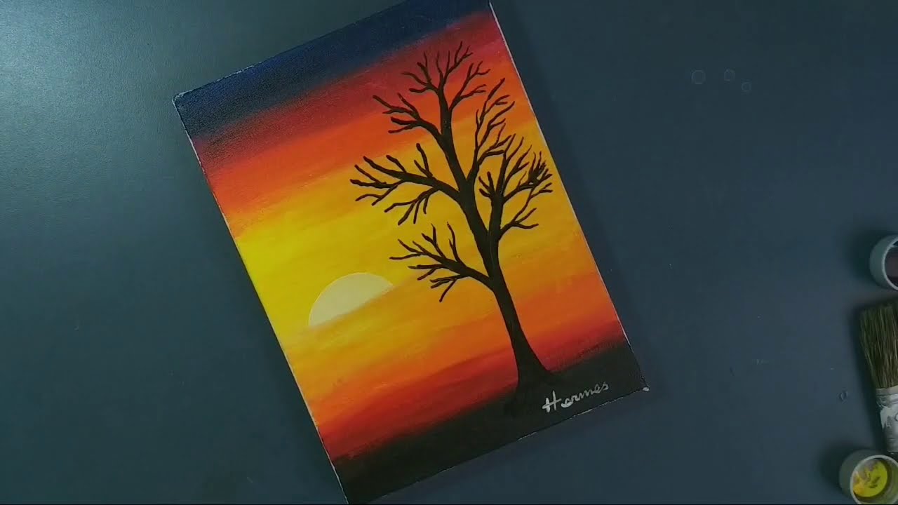 Pintura simples pôr do sol com árvore.