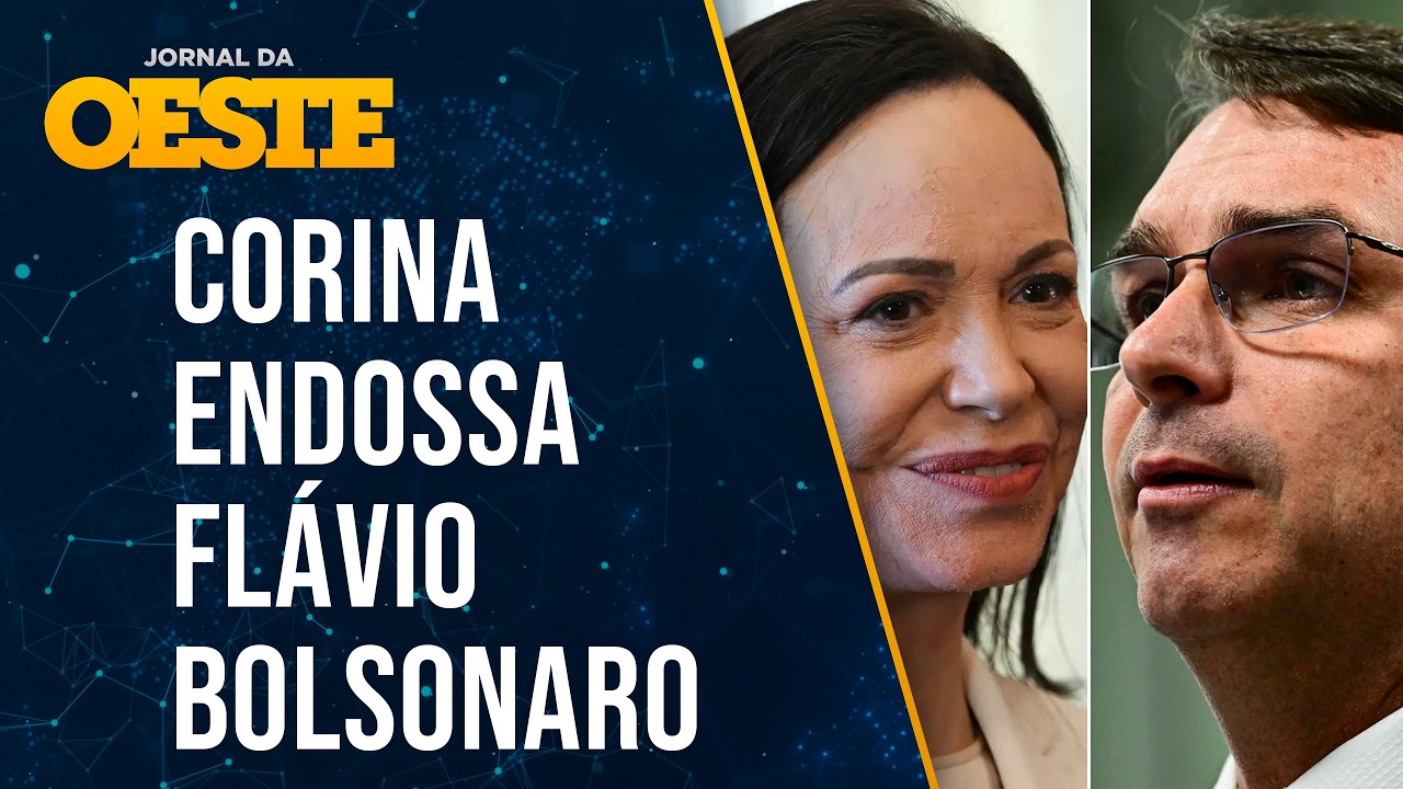 Flávio Bolsonaro e María Corina Machado se reúnem durante posse de Kast no Chile