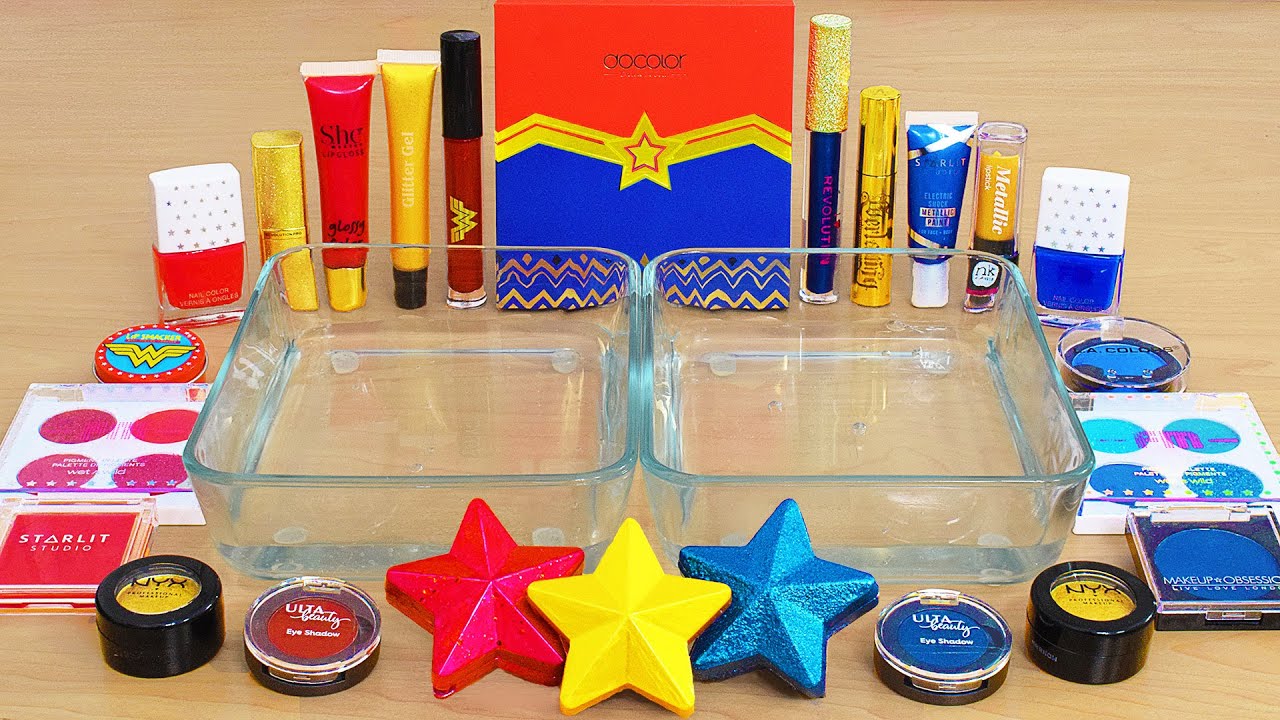 Wonder Woman Red vs Gold vs Blue - Mixing Makeup Eyeshadow Into Slime ASMR