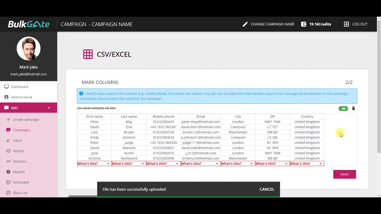 Importing contacts to SMS campaign via CSV/Excel | BulkGate SMS gateway