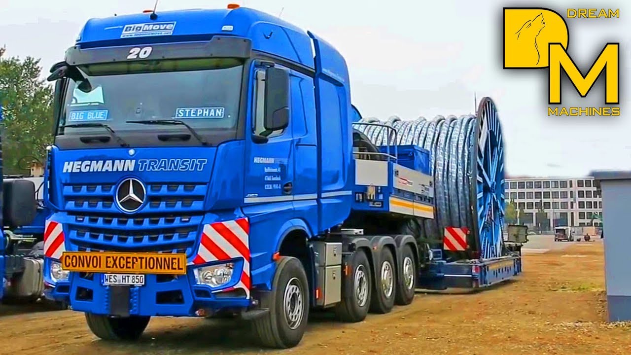 SEILTRANSPORT SCHWERTRANSPORT MIT 500m KABEL HOCHSPANNUNGSLEITUNG BAUSTELLE